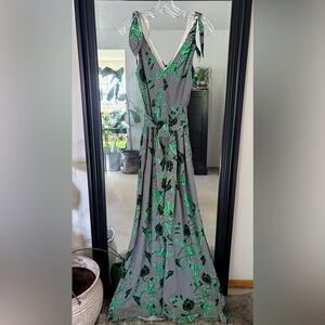 LELA ROSE Black & White Striped Jumpsuit With Black Flowers & Green Stems